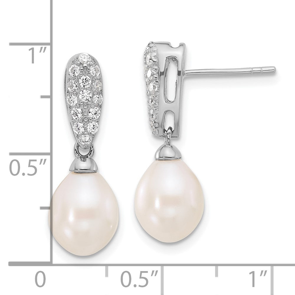Sterling Silver Rhodium Plated 8-9mm Fwc Pearl and CZ Post Dangle Earrings
