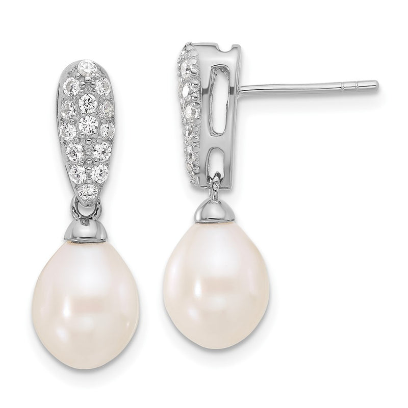 Sterling Silver Rhodium Plated 8-9mm Fwc Pearl and CZ Post Dangle Earrings