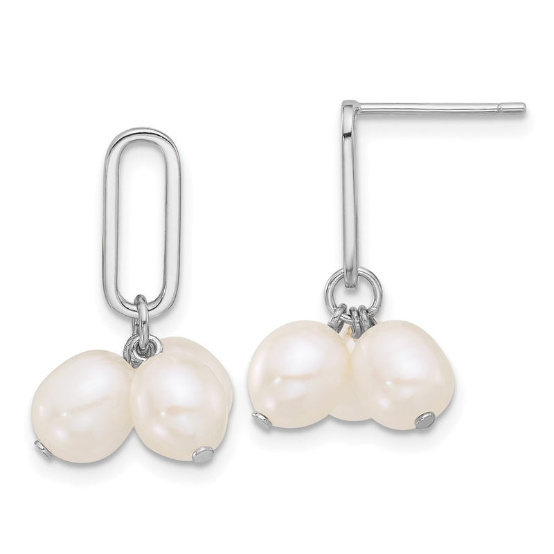 Sterling Silver Rhodium-Plated 5-6mm Rice Fwc Pearl Post Dangle Earrings