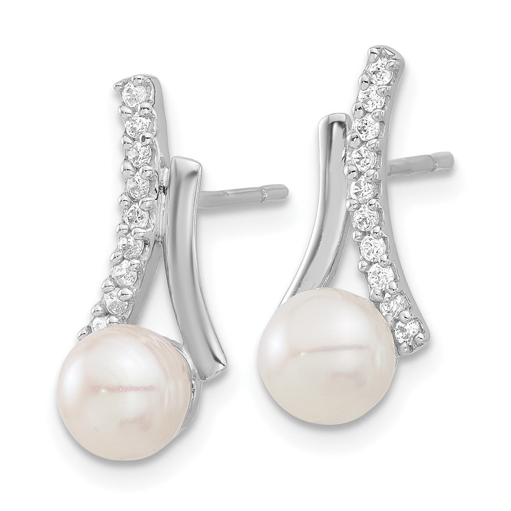 Sterling Silver Rhodium-Plated Cz/button 6mm Fwc Pearl Post Earrings