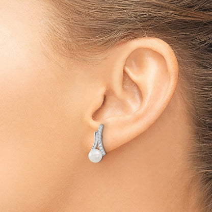Sterling Silver Rhodium-Plated Cz/button 6mm Fwc Pearl Post Earrings