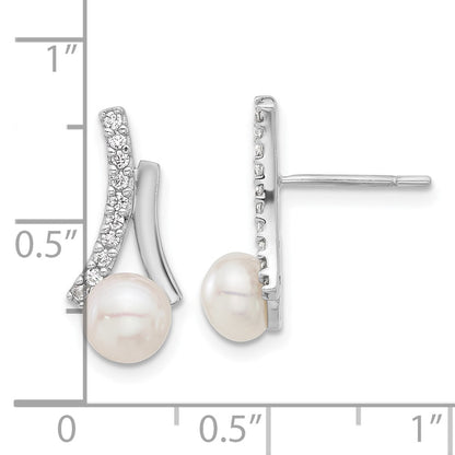 Sterling Silver Rhodium-Plated Cz/button 6mm Fwc Pearl Post Earrings