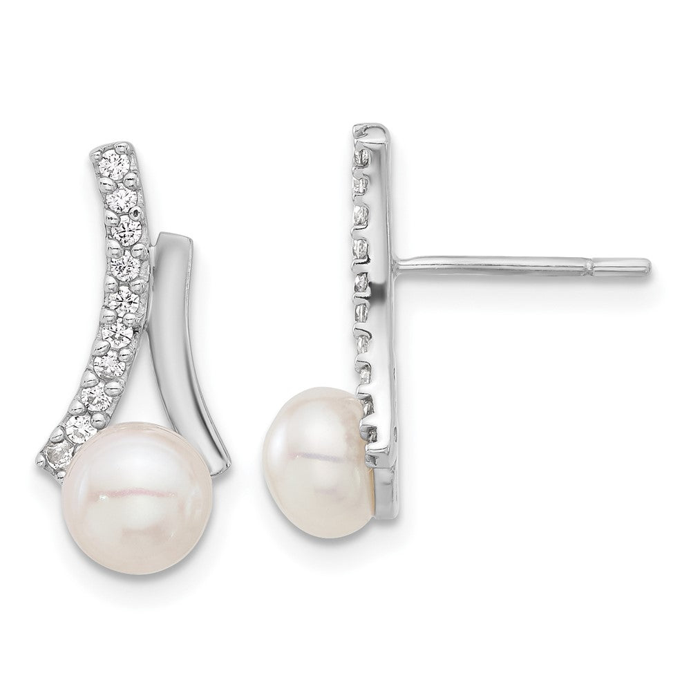 Sterling Silver Rhodium-Plated Cz/button 6mm Fwc Pearl Post Earrings