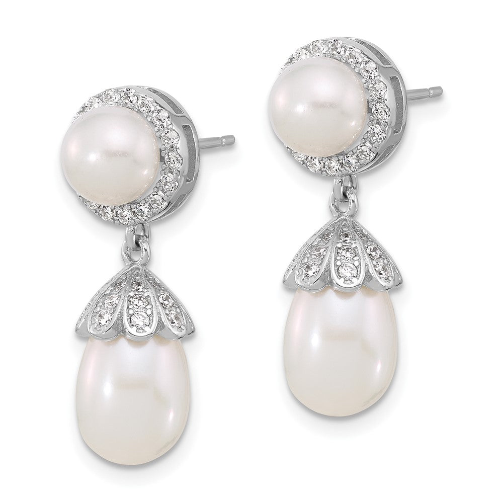 Sterling Silver Rhodium Plated 6-8mm Fwc Pearl/cz Post Dangle Earrings