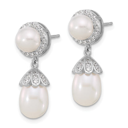 Sterling Silver Rhodium Plated 6-8mm Fwc Pearl/cz Post Dangle Earrings