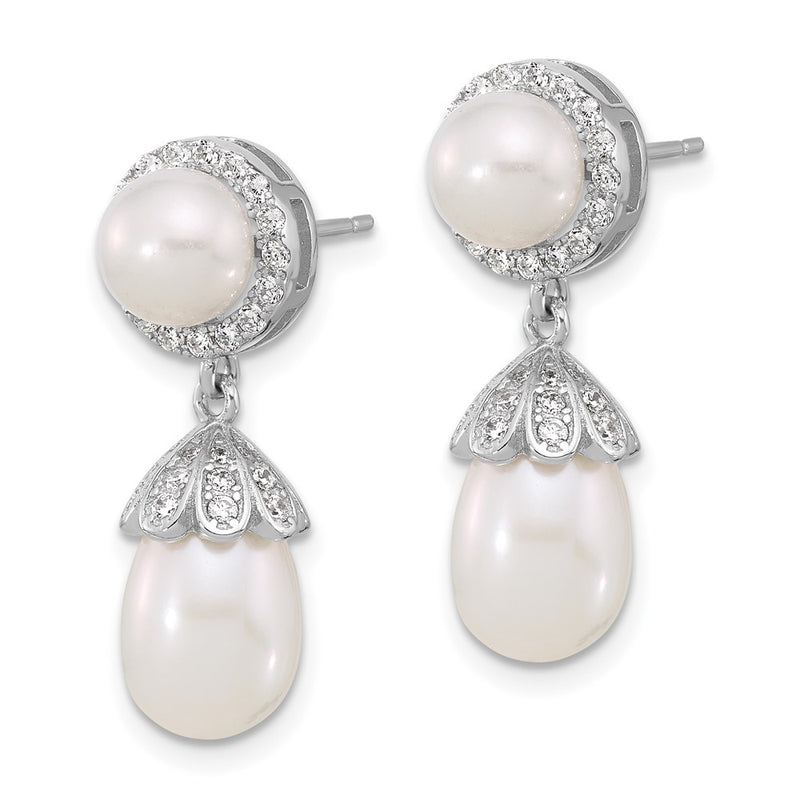 Sterling Silver Rhodium Plated 6-8mm Fwc Pearl/cz Post Dangle Earrings