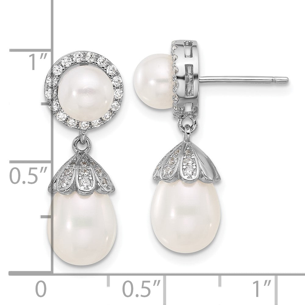 Sterling Silver Rhodium Plated 6-8mm Fwc Pearl/cz Post Dangle Earrings