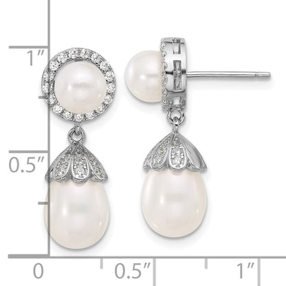 Sterling Silver Rhodium Plated 6-8mm Fwc Pearl/cz Post Dangle Earrings