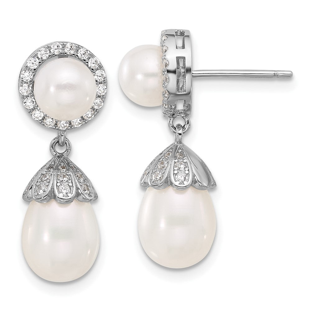 Sterling Silver Rhodium Plated 6-8mm Fwc Pearl/cz Post Dangle Earrings