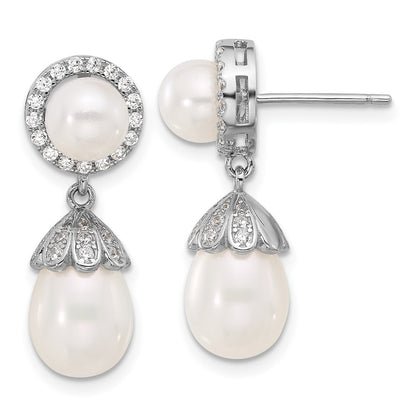 Sterling Silver Rhodium Plated 6-8mm Fwc Pearl/cz Post Dangle Earrings