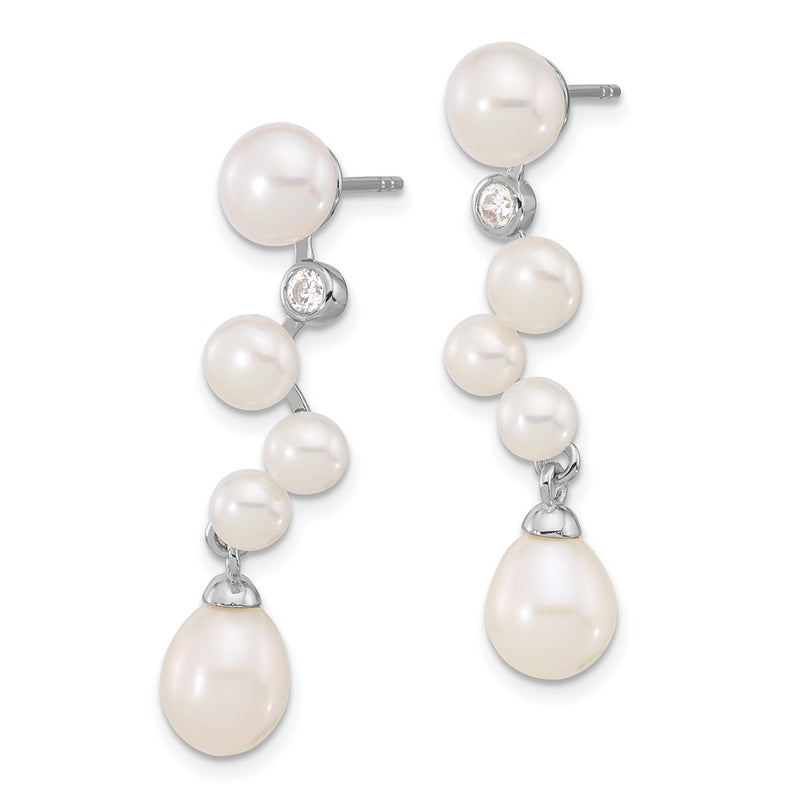 Sterling Silver Rhodium-Plated Fwc Pearl/cz Post Dangle Earrings
