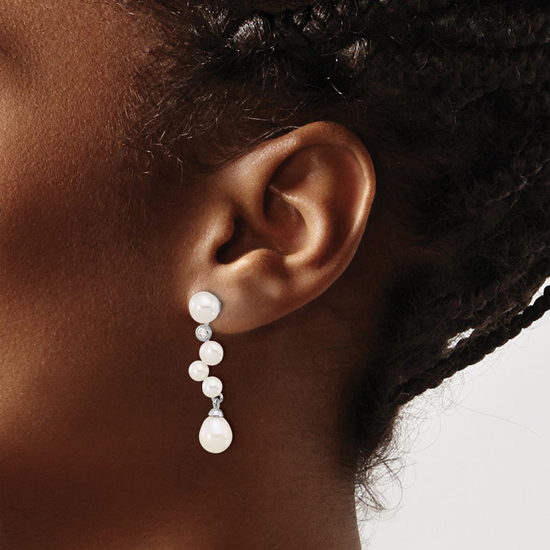 Sterling Silver Rhodium-Plated Fwc Pearl/cz Post Dangle Earrings