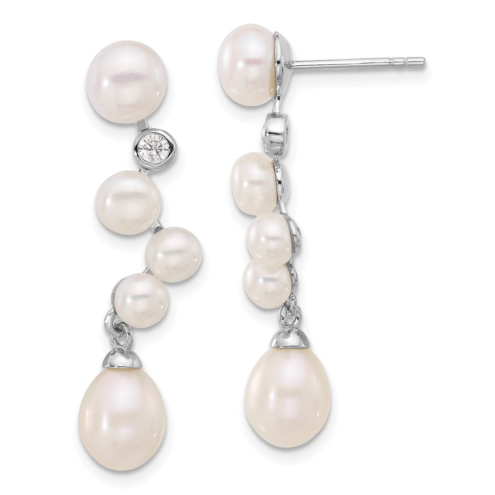 Sterling Silver Rhodium-Plated Fwc Pearl/cz Post Dangle Earrings