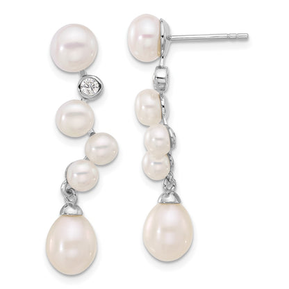 Sterling Silver Rhodium-Plated Fwc Pearl/cz Post Dangle Earrings
