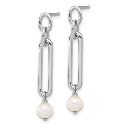 Sterling Silver Rhodium-Plated Link with Fwc Pearl Dangle Earrings