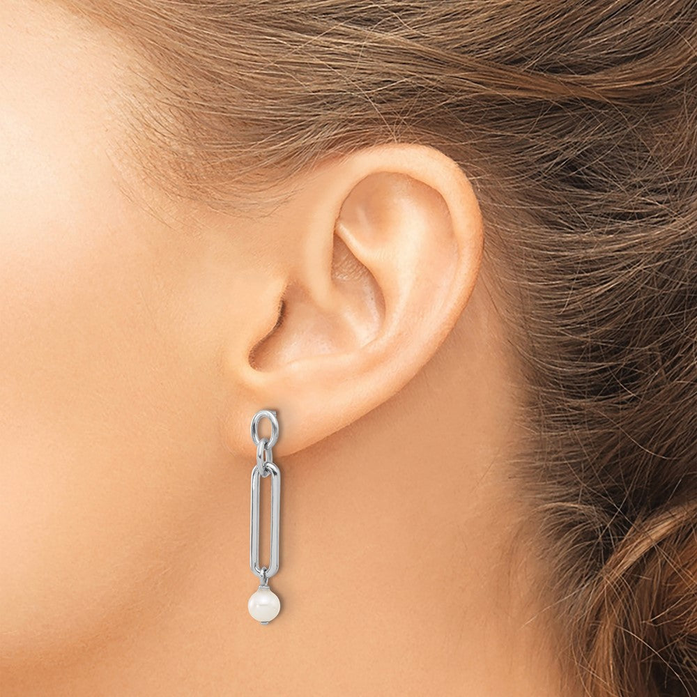 Sterling Silver Rhodium-Plated Link with Fwc Pearl Dangle Earrings