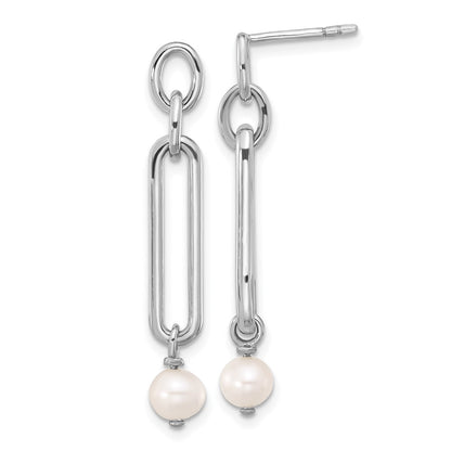 Sterling Silver Rhodium-Plated Link with Fwc Pearl Dangle Earrings