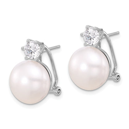 Sterling Silver Rhodium Plated 12-13mm Fwc Pearl and CZ Omega Back Earrings
