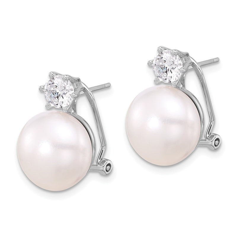 Sterling Silver Rhodium Plated 12-13mm Fwc Pearl and CZ Omega Back Earrings