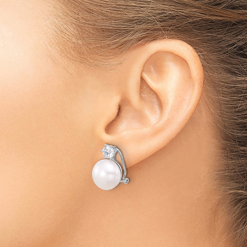 Sterling Silver Rhodium Plated 12-13mm Fwc Pearl and CZ Omega Back Earrings