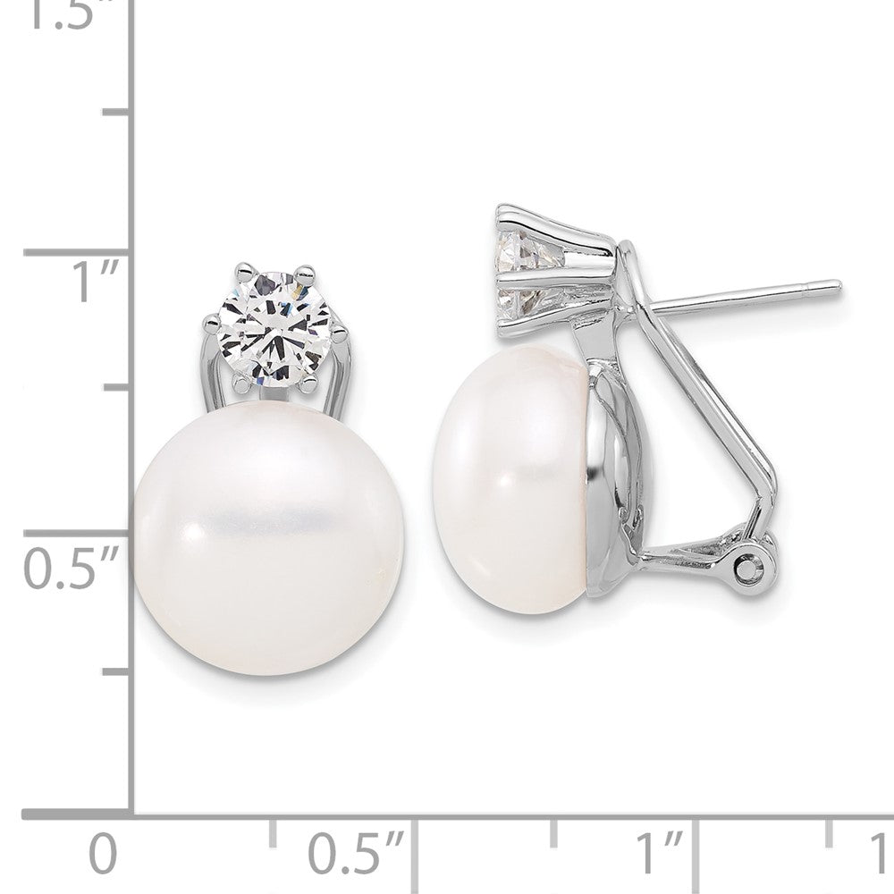 Sterling Silver Rhodium Plated 12-13mm Fwc Pearl and CZ Omega Back Earrings