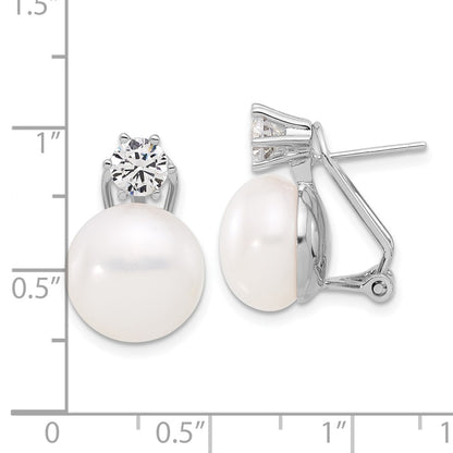 Sterling Silver Rhodium Plated 12-13mm Fwc Pearl and CZ Omega Back Earrings