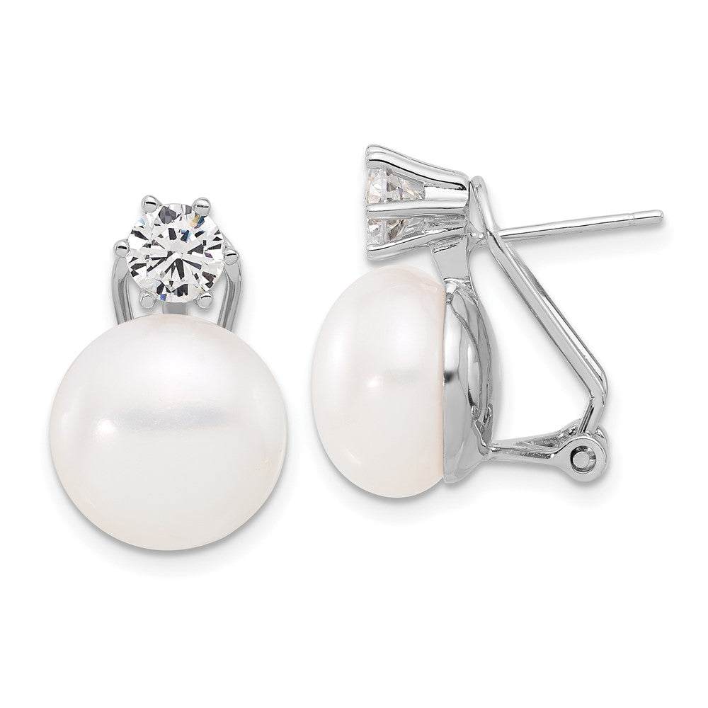 Sterling Silver Rhodium Plated 12-13mm Fwc Pearl and CZ Omega Back Earrings