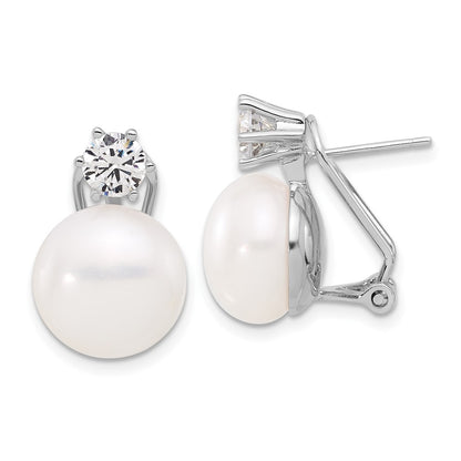 Sterling Silver Rhodium Plated 12-13mm Fwc Pearl and CZ Omega Back Earrings