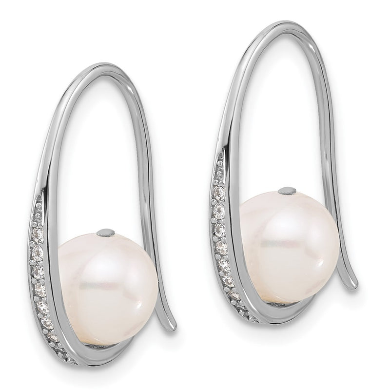 Sterling Silver Rhodium Plated 8-8.5mm Fwc Pearl/cz Shepherd Hook Earrings