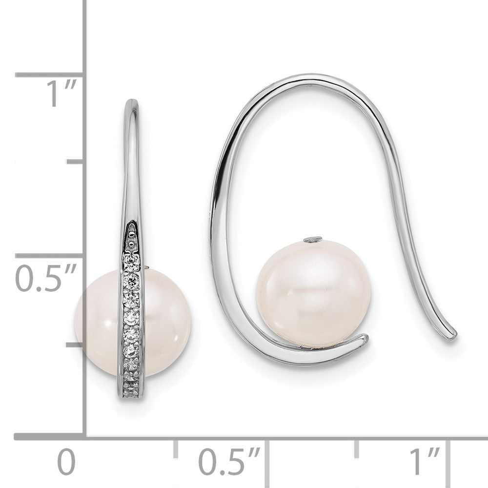 Sterling Silver Rhodium Plated 8-8.5mm Fwc Pearl/cz Shepherd Hook Earrings