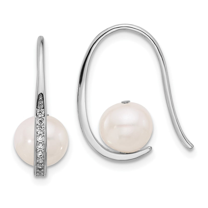Sterling Silver Rhodium Plated 8-8.5mm Fwc Pearl/cz Shepherd Hook Earrings
