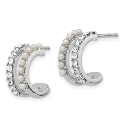 Sterling Silver Rhodium Plated Fwc Pearl and Crystal Double Post Hoop Earrings