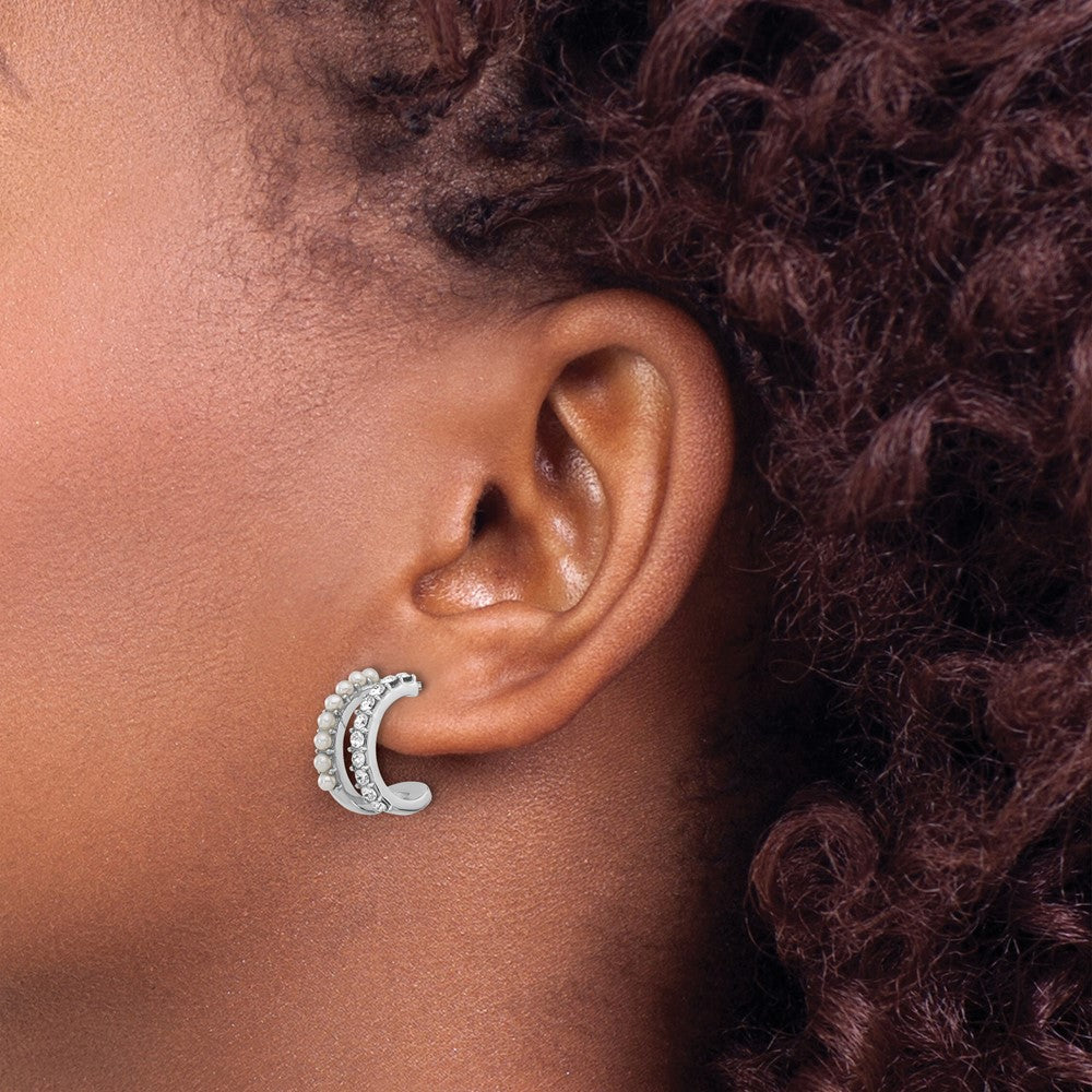Sterling Silver Rhodium Plated Fwc Pearl and Crystal Double Post Hoop Earrings
