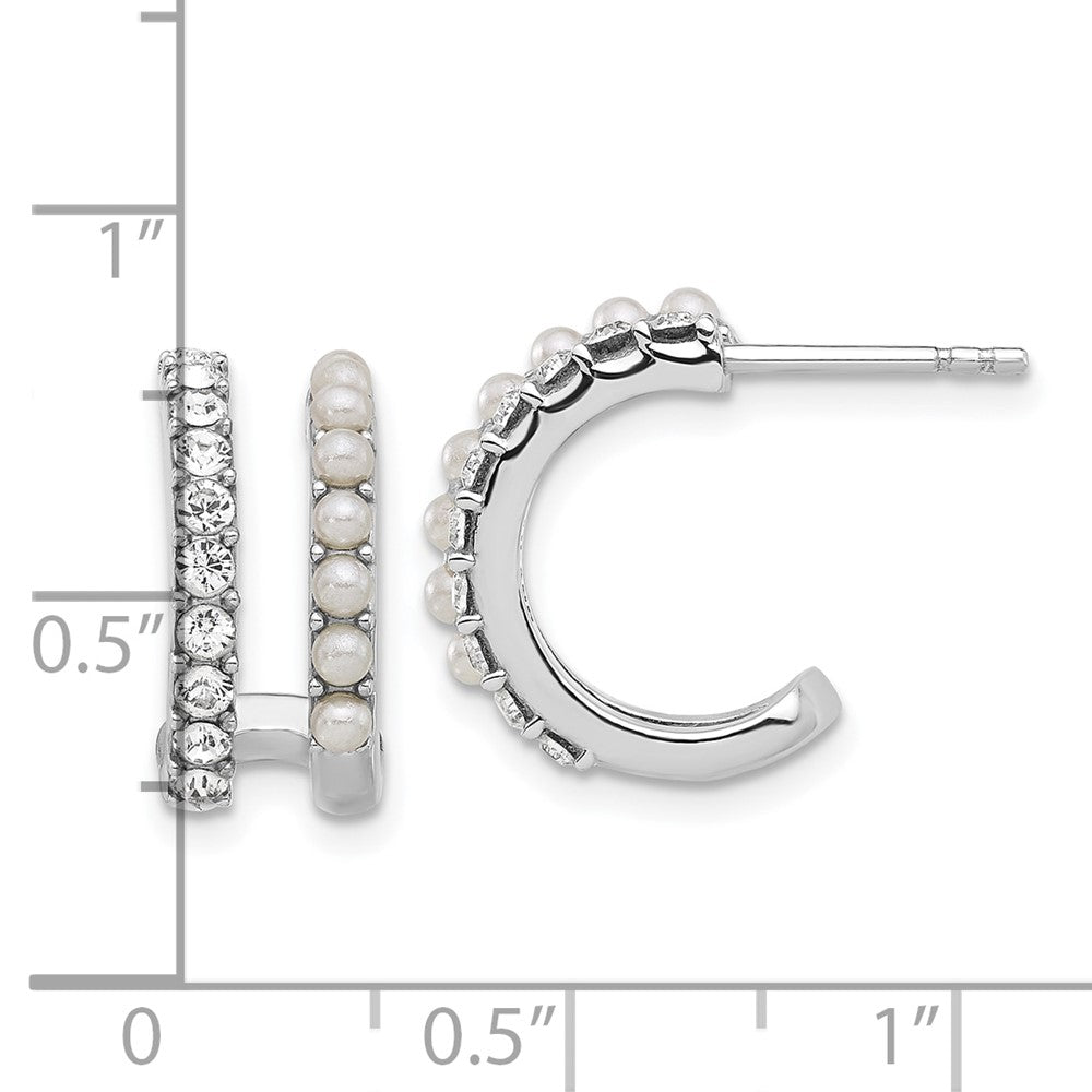 Sterling Silver Rhodium Plated Fwc Pearl and Crystal Double Post Hoop Earrings
