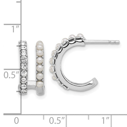Sterling Silver Rhodium Plated Fwc Pearl and Crystal Double Post Hoop Earrings