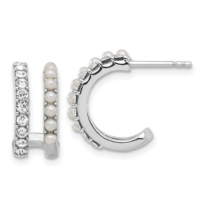 Sterling Silver Rhodium Plated Fwc Pearl and Crystal Double Post Hoop Earrings