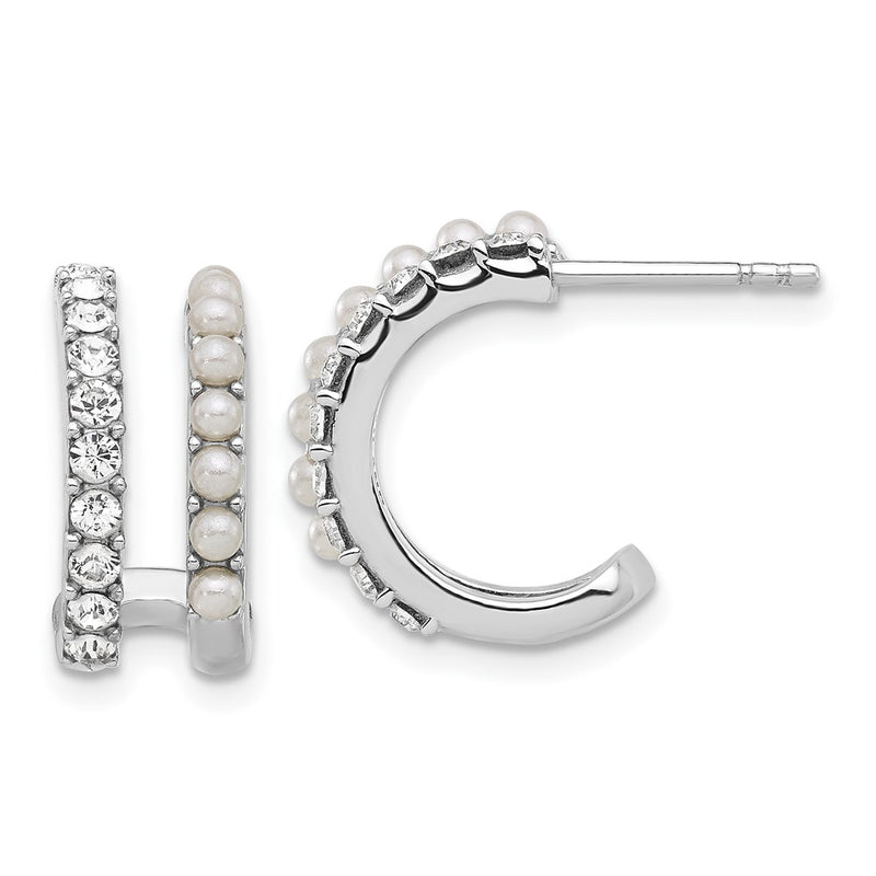 Sterling Silver Rhodium Plated Fwc Pearl and Crystal Double Post Hoop Earrings