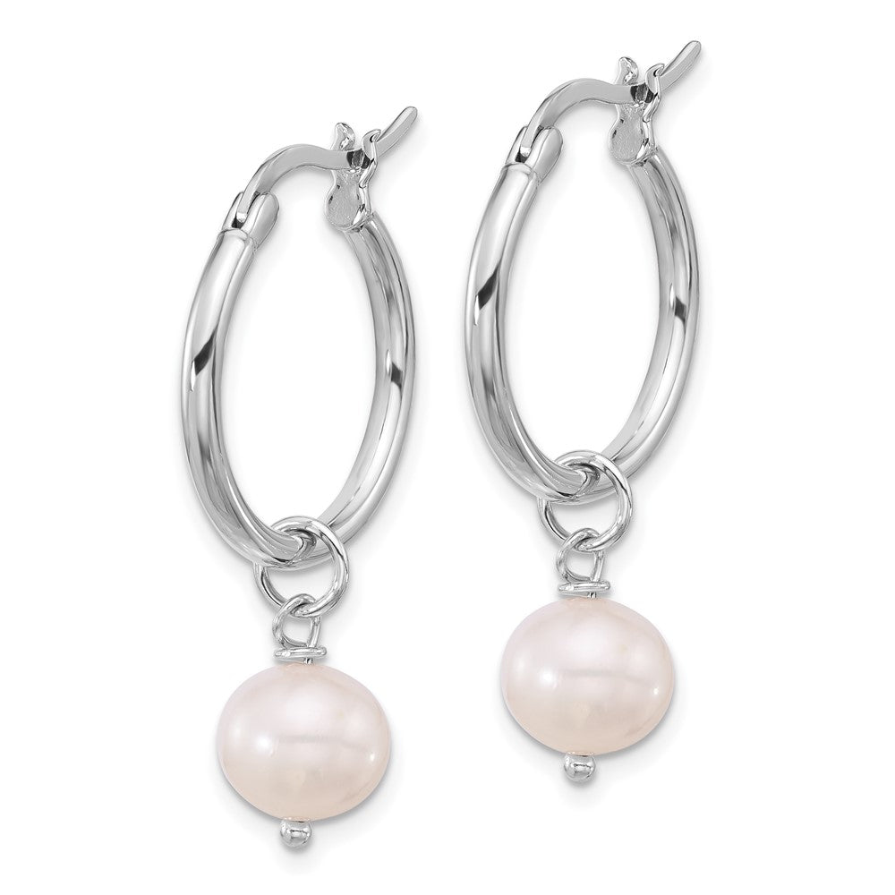 Sterling Silver Rhodium Plated Polished Fwc Pearl Dangle Round Hoop Earrings
