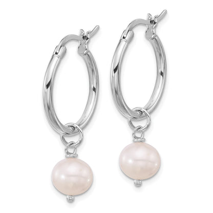 Sterling Silver Rhodium Plated Polished Fwc Pearl Dangle Round Hoop Earrings