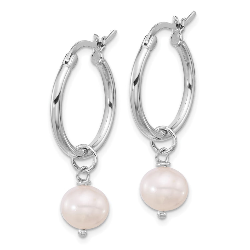 Sterling Silver Rhodium Plated Polished Fwc Pearl Dangle Round Hoop Earrings