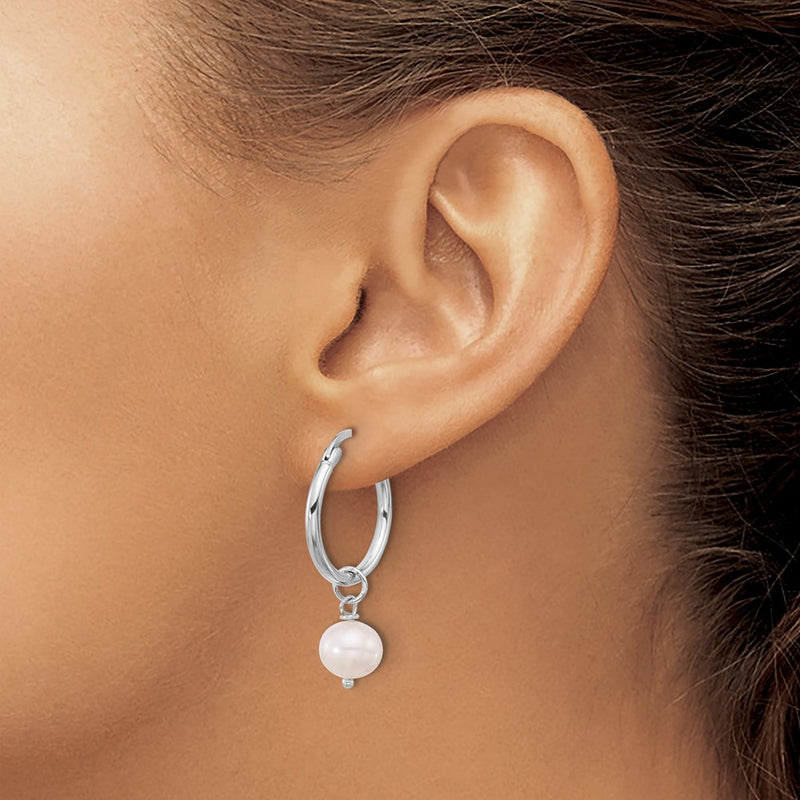 Sterling Silver Rhodium Plated Polished Fwc Pearl Dangle Round Hoop Earrings