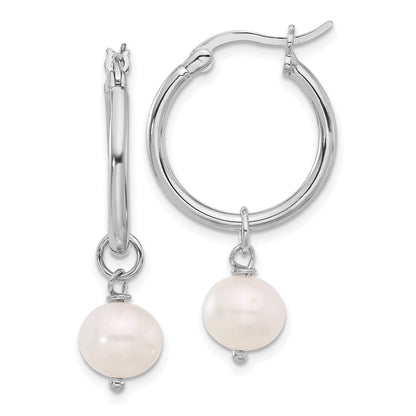 Sterling Silver Rhodium Plated Polished Fwc Pearl Dangle Round Hoop Earrings
