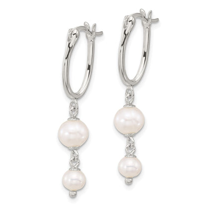 Sterling Silver Polished Double Fwc Pearl Dangle Oval Hoop Earrings