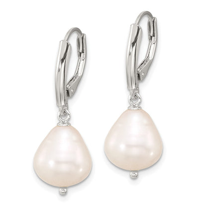 Sterling Silver Polished Teardrop Fwc Pearl Leverback Dangle Earrings