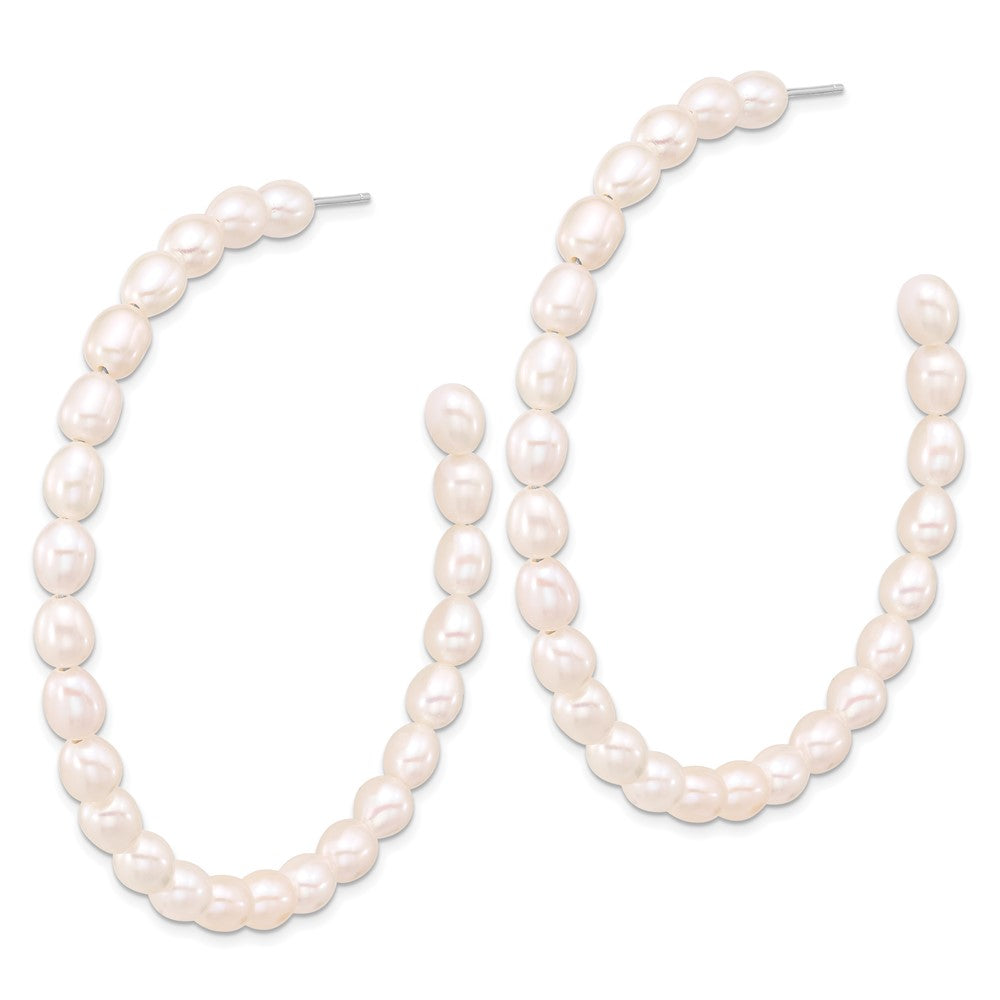 Sterling Silver Rhodium Plated 5-6mm Rice Fwc Pearl Post C-Hoop Earrings