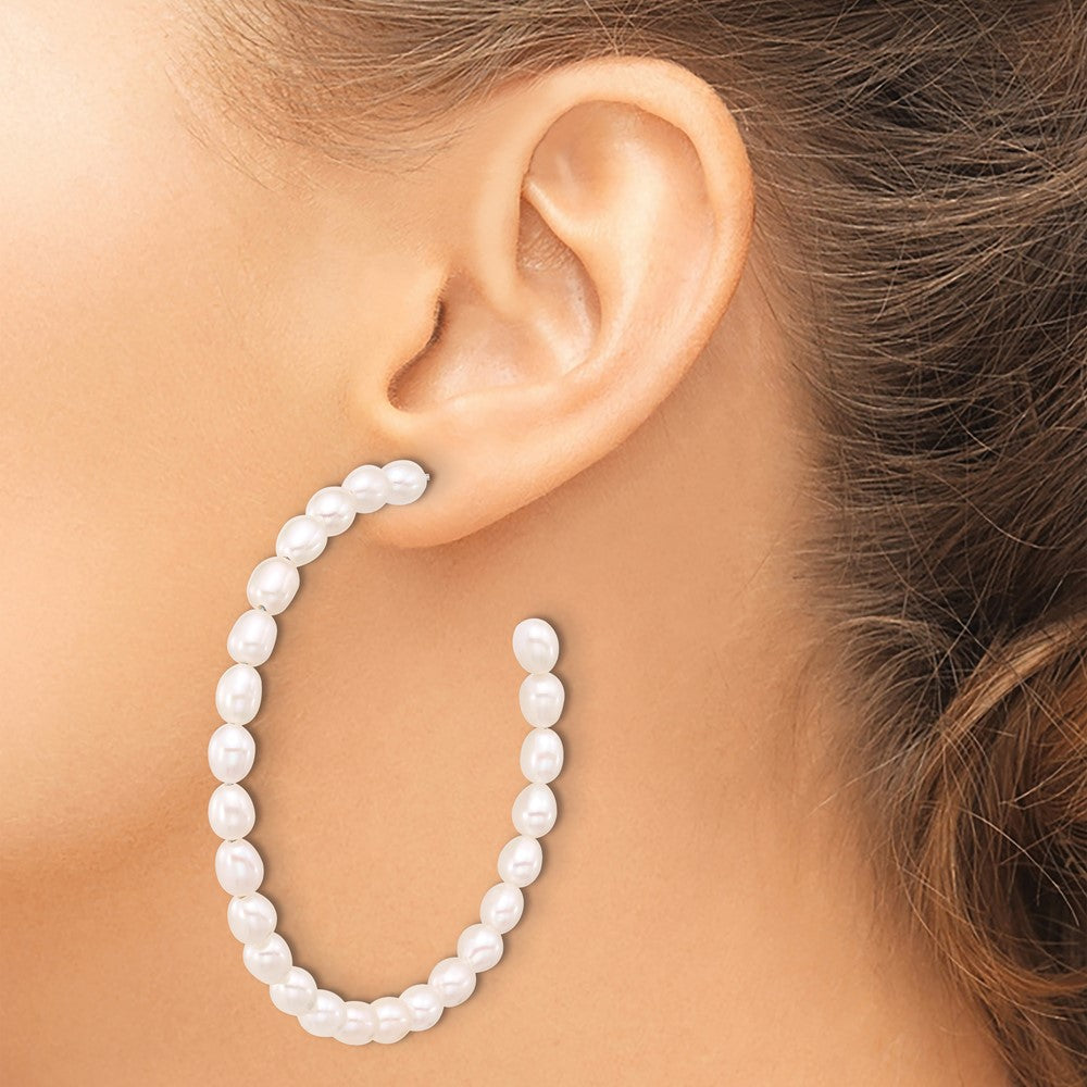 Sterling Silver Rhodium Plated 5-6mm Rice Fwc Pearl Post C-Hoop Earrings