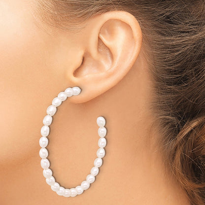Sterling Silver Rhodium Plated 5-6mm Rice Fwc Pearl Post C-Hoop Earrings