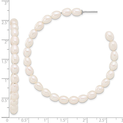 Sterling Silver Rhodium Plated 5-6mm Rice Fwc Pearl Post C-Hoop Earrings