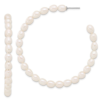 Sterling Silver Rhodium Plated 5-6mm Rice Fwc Pearl Post C-Hoop Earrings