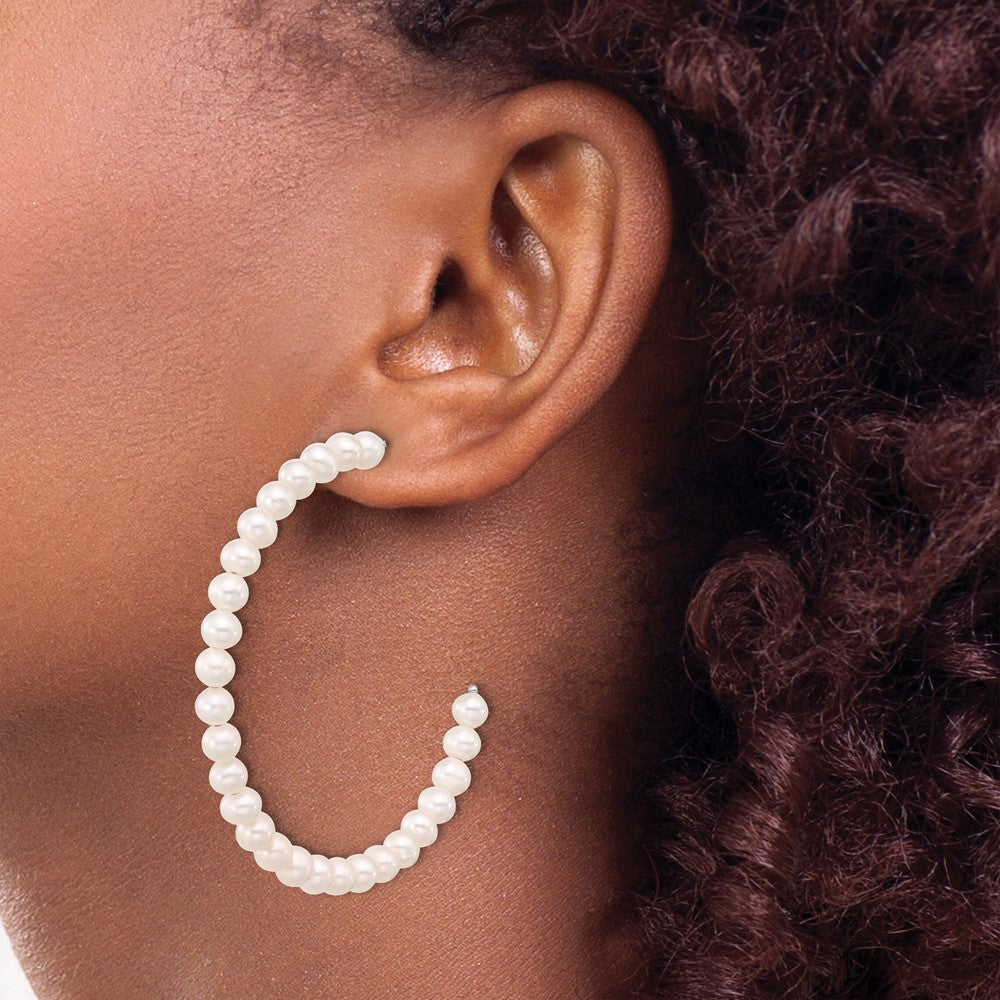 Sterling Silver Rhodium Plated 4-5mm Semi-Round Fwc Pearl C-Hoop Earrings